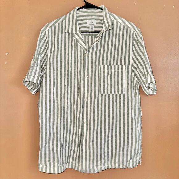 H&M Men's Linen Blend Short Sleeve Button Down T-Shirt Tee Green White - Medium - Picture 5 of 9